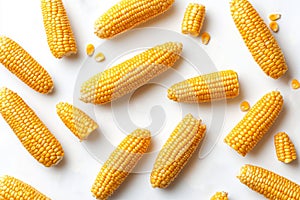 A photo of fresh corn cobs on a white background