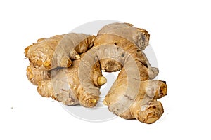 Photo of fresh raw fresh gingers taken with a high-resolution camera using the focus-stacking technique on a white background