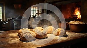 Photo of freshly baked bread loaves on a rustic wooden table