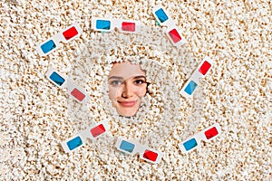 Photo of friendly lovely lady cinema 3d glasses face buried inside full with popcorn creative background