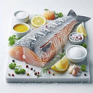 Photo of frozen fish meat on solid white background. ai generative