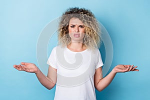 Photo of frustrated clueless lady unfair accusations reaction wear casual shirt isolated blue color background