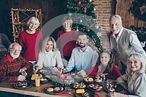 Photo of full family gathering around dinner table generation reunion posing hugging for holiday portrait in x-mas