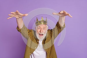 Photo of funky funny grandparent grey hair acting mad king dressed trendy yellow plaid shirt  on lilac violet