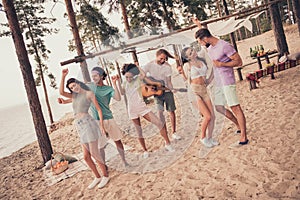 Photo of funny adorable six young buddies dressed casual outfits smiling having picnic dancing outdoors countryside