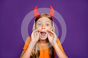 Photo of funny little lady headband horns on head sharing rumours wit classmates chatterbox october party wear orange t-