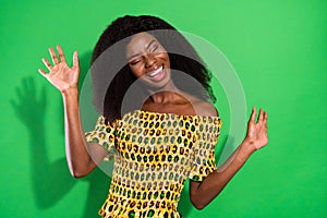 Photo of funny nice brown hair lady sing wear yellow top  on green color background