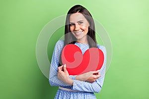 Photo of funny sweet young woman dressed blue outfit embracing red hear smiling isolated green color background