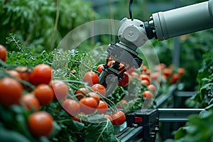 Photo Future farming Robot arm harvests vegetables in a technologically advanced greenhouse