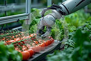 Photo Future farming Robot arm harvests vegetables in a technologically advanced greenhouse