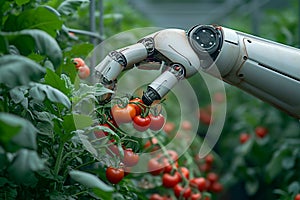 Photo Future farming Robot arm harvests vegetables in a technologically advanced greenhouse