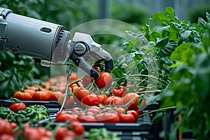 Photo Future farming Robot arm harvests vegetables in a technologically advanced greenhouse