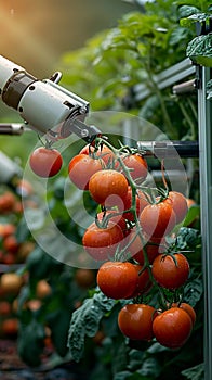 Photo Future farming Robot arm harvests vegetables in a technologically advanced greenhouse