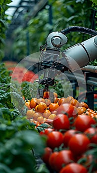 Photo Future farming Robot arm harvests vegetables in a technologically advanced greenhouse