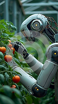 Photo Future farming Robot arm harvests vegetables in a technologically advanced greenhouse