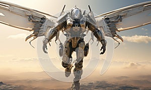Photo of a futuristic flying robot with wings soaring through the sky