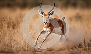 Photo of gazelle captured in breathtaking moment of speed & agility as it gracefully bounds across savannah emphasizing its sleek