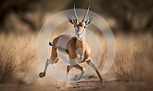 Photo of gazelle captured in breathtaking moment of speed & agility as it gracefully bounds across savannah emphasizing its sleek
