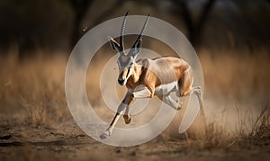 Photo of gazelle captured in breathtaking moment of speed & agility as it gracefully bounds across savannah emphasizing its sleek