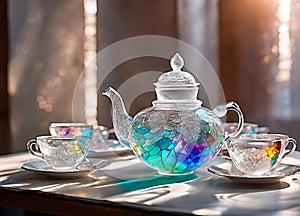 photo generated by artificial intelligence of a crystal tea set