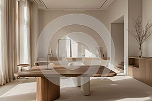 A photo of a generously proportioned wooden table placed in a vast, clean room with neutral decor, A minimalist office with photo