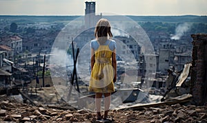 Photo of a girl in a blue dress sitting on a destroyed building