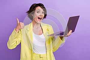 Photo of girl bob brown hair showing like feedback symbol laptop high rate confirm recommendation isolated on violet