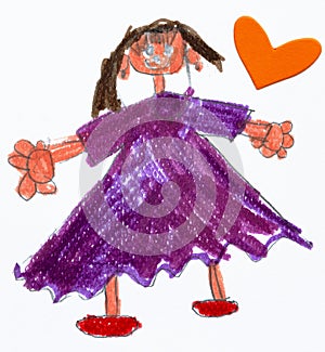 Photo of a girl drawing made with colored crayons on white paper with childlike style photo