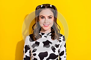 Photo of girly pretty girl wear cow skin shirt smiling showing white teeth isolated yellow color background