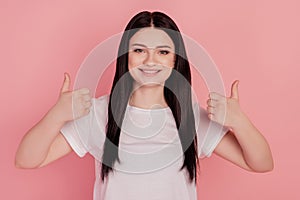 Photo of glad lady raise two gesture thumb up agree sign isolated on pink color background