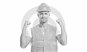 photo of glad man engineer wearing reflective vest. man engineer isolated on white.