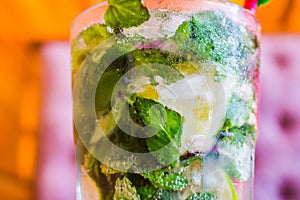 Photo of glass of drink non-alcoholic mojito with lime and mint