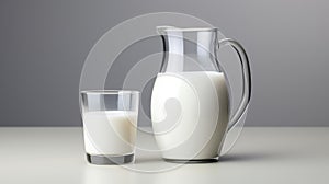 Photo of a glass of milk and a pitcher of milk side by side