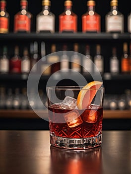 Photo Of Glass Of Negroni Vermouth Campari Drink On Bar And Bar View. Generative AI