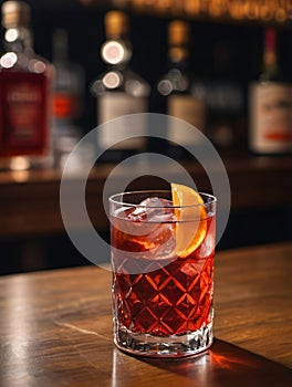 Photo Of Glass Of Negroni Vermouth Campari Drink On Bar And Bar View. Generative AI