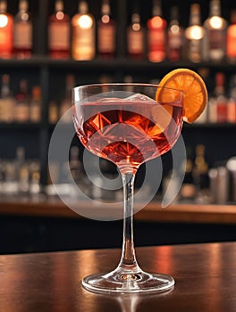 Photo Of Glass Of Negroni Vermouth Campari Drink On Bar And Bar View. Generative AI