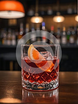 Photo Of Glass Of Negroni Vermouth Campari Drink On Bar And Bar View. Generative AI