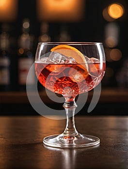 Photo Of Glass Of Negroni Vermouth Campari Drink On Bar And Bar View. Generative AI