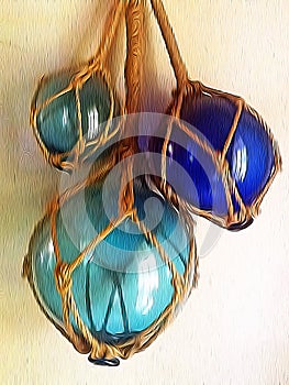 Photo of glass and rope bouys edited with paintbrush application.