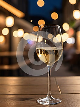 Photo Of Glass Of White Wine And Bottle On Wooden Table With Blur Background With Lights Of Street Bar, Cafe, Coffe. Generative AI