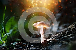 Photo of glowing mushrooms at night, mysterious forest, fantasy concept