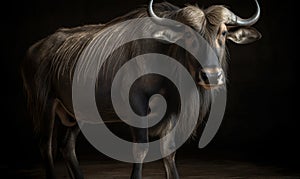 photo of gnu Connochaetes on black background. Generative AI