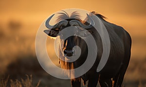 Photo of gnu Connochaetes standing tall and regal in the sweeping savannah of Africa with the warm golden light of sunset casting