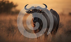 Photo of gnu Connochaetes standing tall and regal in the sweeping savannah of Africa with the warm golden light of sunset casting