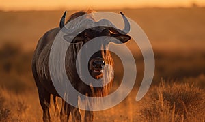 Photo of gnu Connochaetes standing tall and regal in the sweeping savannah of Africa with the warm golden light of sunset casting