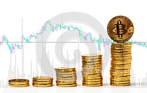 Photo Golden Bitcoins on forex chart background