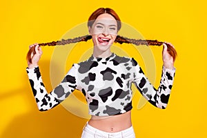 Photo of good mood excited lady dressed cowskin top stick out holding braids isolated yellow color background photo