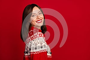 Photo of good mood gorgeous optimistic girl with straight hairstyle wear red sweater toothy smiling isolated on red