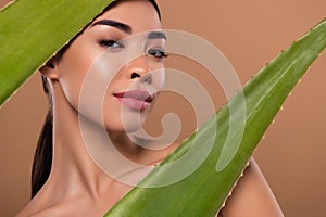 Photo of gorgeous lovely lady enjoying healthy skin natural organic product gel cream isolated on beige color background