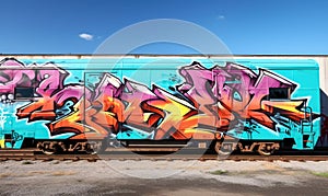 Photo of a graffiti-covered train next to a vibrant building